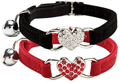 CHUKCHI Pink Soft Velvet Safe Cat Adjustable Collar with Crystal Heart Charm and Bells 8-11 Inches(Black+Red) - color: Black+Red