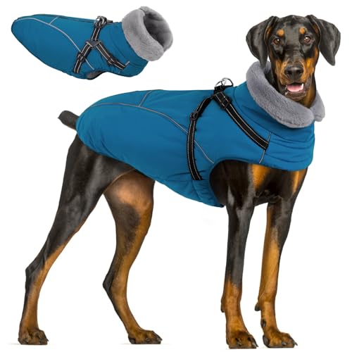 Queenmore Large Dog Jackets,Dog Coats for Extra Large Dogs with Harness Built in,Reflective Waterproof Dogs Jackets with Fleece Lining,Warm Snowsuit Pet Coats for German Shepherd,Blue,XXXL - color: Blue, size: XXX-Large