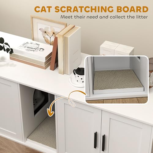 PawHut Cat Litter Box Enclosure for 2 Cats, Hidden Litter Box Furniture with Double Room, Scratching Mat, Kitty Washroom Furniture, 57" x 19" x 20", White