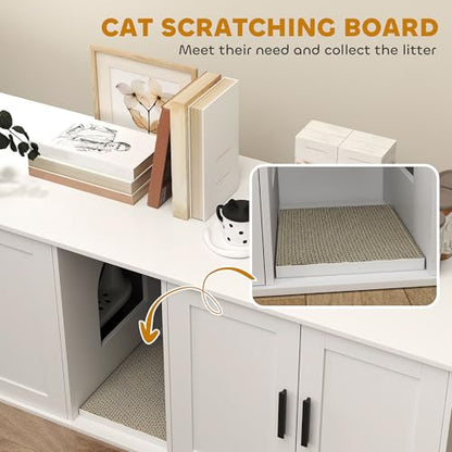 PawHut Cat Litter Box Enclosure for 2 Cats, Hidden Litter Box Furniture with Double Room, Scratching Mat, Kitty Washroom Furniture, 57" x 19" x 20", White
