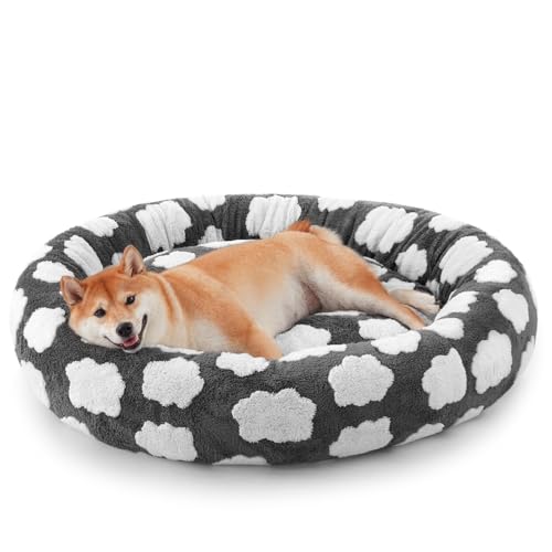 JOEJOY Donut Dog Bed Medium Size, Cute Round Calming Pet Bed with Removable Washable Cover, Orthopedic Cat Puppy Bed with Jacquard Shaggy Plush & Non Skid Bottom - color: Grey, size: M (30x30x8)