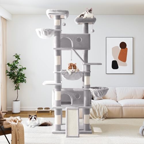 Allewie 81 Inches Tall Cat Tree/Multi-Level Large Climbing Tree House and Towers for Big Feline/Condo and Hammock/Scratching Post/Wide Base/Grey - color: Grey