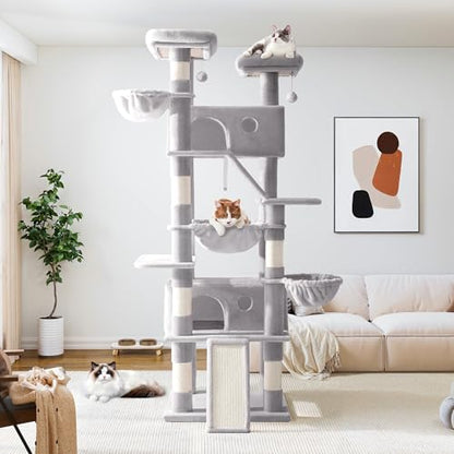 Allewie 81 Inches Tall Cat Tree/Multi-Level Large Climbing Tree House and Towers for Big Feline/Condo and Hammock/Scratching Post/Wide Base/Grey - color: Grey