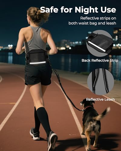 Hands Free Dog Leash with Ergonomic Waist Belt, Zipper Pouch, Reflective Bungee & Double Handle, for Medium & Large Dogs (20–100 lb), Walking, Running & Car Travel