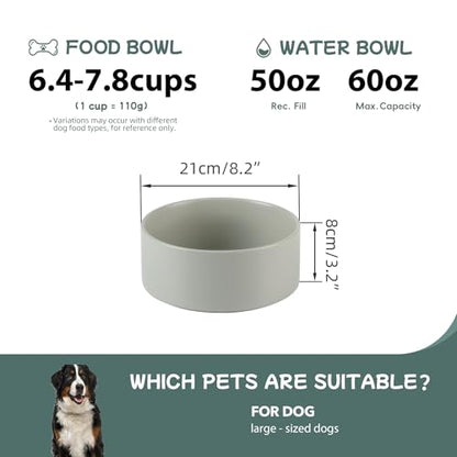 Havniva 8.3” Ceramic Dog Bowls, Dog Food and Water Bowl for Large Dogs, Durable Dog Water Bowl with Non-Slip Rubber Base Large Capacity Pet Feeding Bowl - color: Matte Gray, size: 8.3 Inch