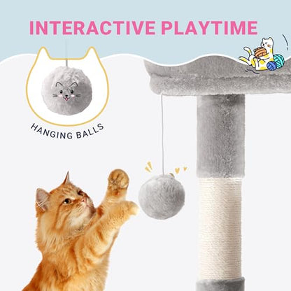 Allewie 29.5in Indoor Cat Tree, Multi-Level Cat Tower with Sisal Scratching Posts, Padded Perch, Basket, Condo, and Hanging Ball, Suitable for Kittens and Adult Felines, Grey - color: Grey