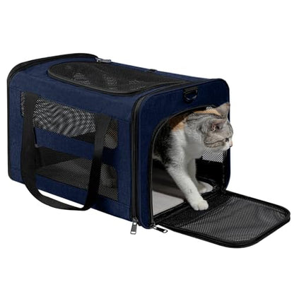 Cat Carrier Soft-Sided Travel Bag for Medium to Large Cats Over 15lbs, Small Dog Carrier Crate Top Entry Breathable Mesh Puppy 12 Pounds, Pet Rabbit Carrying Cage Kennel Collapsible Navy - color: Navy