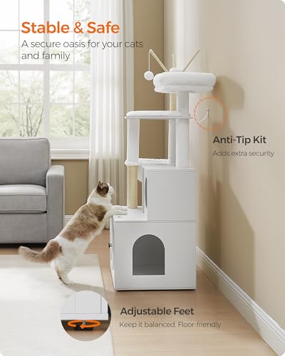 Feandrea Cat Tree with Litter Box Enclosure, 59-Inch Modern Cat Tower, 2-in-1 Condo with Scratching Posts, Washable Removable Cushion, Cloud White UPCT113W01 - color: Cloud White