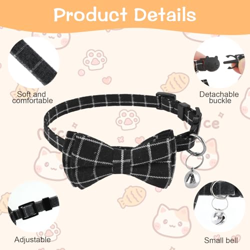 Jeffdad 2Pcs Cat Collar Breakaway, Cat Collar with Bells Bowtie Plaid Cat Collar Adjustable for Kitten Puppy and Small Pets (Black and Gray Plaid) - color: Black and gray plaid