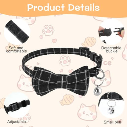 Jeffdad 2Pcs Cat Collar Breakaway, Cat Collar with Bells Bowtie Plaid Cat Collar Adjustable for Kitten Puppy and Small Pets (Black and Gray Plaid) - color: Black and gray plaid