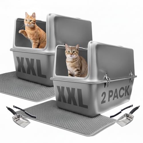 2 Pack XXL All Stainless Steel Litter Box Lid 30L Enclosed 16" Tall Walls Leak Proof Seal NonStick Splash Guard Top Removable Cover System Large Multi Cats Scoop Mat Extra Large Metal Cat Litter Box