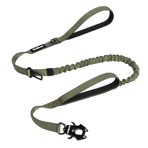 Heavy Duty Tactical Dog Leash, 5 FT Bungee Shock Absorption Leash with 2 Padded Handles, Quick Release Metal Clip, Car Seatbelt, No Pull Training Lead for Large Medium Dogs（Army Green） - color: Army Green
