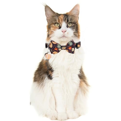 Thanksgiving Day Cat Collar Fall Breakaway with Bow Tie and Bell Autumn Holiday for Kitty Adjustable Safety - color: Pumpkin-bow