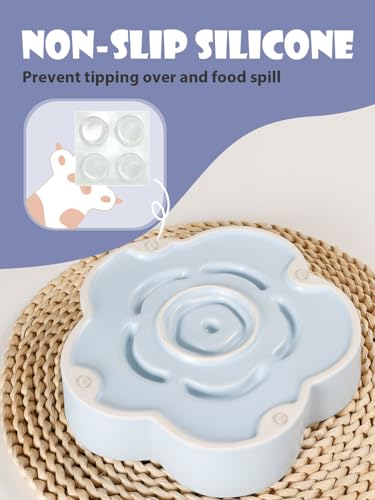 Ceramic Slow Feeder Dog Bowl, Anti-Choking Slow Food Bowls, 8" 11.3oz Slow Feeder for Medium, Large Breeds, Plum Puzzle Design, Non-Slip Silicone, Dishwasher and Microwave Safe, Blue - color: Blue