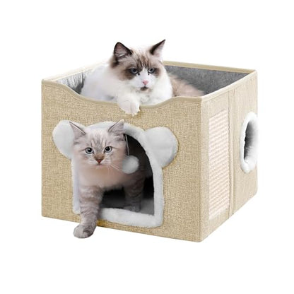 Cat House for Indoor Cats, Large Cat Bed Cave with Scratch Pad and Fluffy Ball, Foldable Cat Hideaway Condo, Kitten Bed, 16x16x13inch (Khaki, Large) - color: Khaki