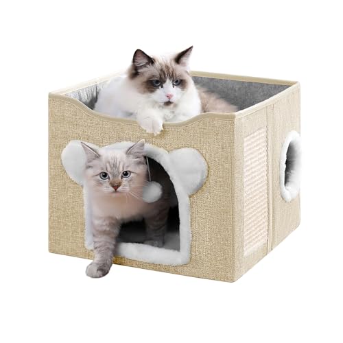 Cat House for Indoor Cats, Large Cat Bed Cave with Scratch Pad and Fluffy Ball, Foldable Cat Hideaway Condo, Kitten Bed, 16x16x13inch (Khaki, Large) - color: Khaki