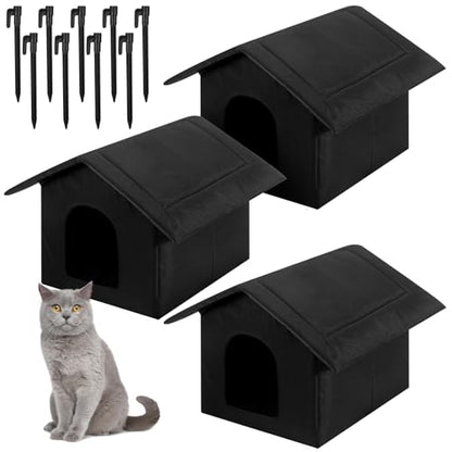 Soaoo 3 Pcs Cat Houses for Outdoor Stray Cats Shelter Weatherproof Outside House Indoor Foldable Pet Cave with Tent Stakes for Wild Animal Dogs(Pure Black Style) - style: Pure Black Style