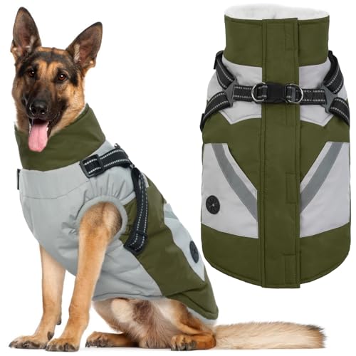 IECOii Zip Up Dog Coat for Large Dogs - Waterproof Winter Fleece Jacket in Green, XLarge - Suitable for Border Collie, Pitbull - color: Army Green, size: X-Large(Chest:29.9 in)