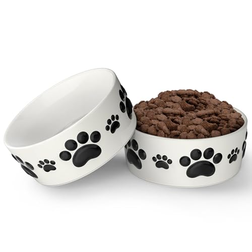 Ceramic Dog Bowls for Large Dogs - 7.5'' Round × 3'' Tall Dog Food & Water Bowl Set of 2 - Large Ceramic Bowl with Anti-Slip Rings - Food and Water Bowls with 5 Cups Capacity - size: 7.5in