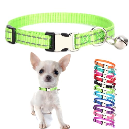 Green Puppy Collar with Bell, Reflective Nylon XS Cat Collars Soft Adjustable Buckle for XXS XSmall Small Puppy Female Tiny Pets Dogs Boy Girl Kitten Yorkie X-Small - color: Green