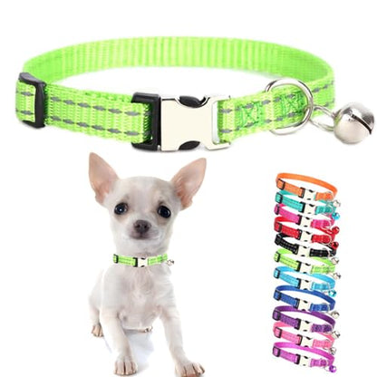 Green Puppy Collar with Bell, Reflective Nylon XS Cat Collars Soft Adjustable Buckle for XXS XSmall Small Puppy Female Tiny Pets Dogs Boy Girl Kitten Yorkie X-Small - color: Green