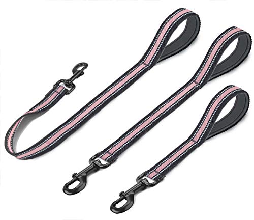 Cymiler Nylon Short Traffic Leash with Padded Handle, 3 Sizes, Highly Reflective Threads for Small to Large Dogs - color: Wide-Pink