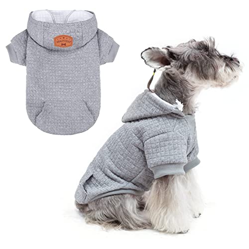 BEAUTYZOO Small Dog Hoodie Sweater with Pockets, Dog Clothes for Small Medium Dogs Boy Girl, Waffle-like Laminated Cotton Pet Coats with Hat and Leash Hole, All Weather Coat for Puppy Doggie Chihuahua - color: Grey, size: S/M (Back: 14",Chest: 19", Neck: