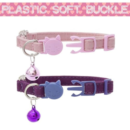 BINGPET Cat Collar Breakaway with Bell, Pack of 2 Heart Bling Collar Safety with Soft Velvet Adjustable for Kittens - color: Heart (Pink + Purple)-2pcs