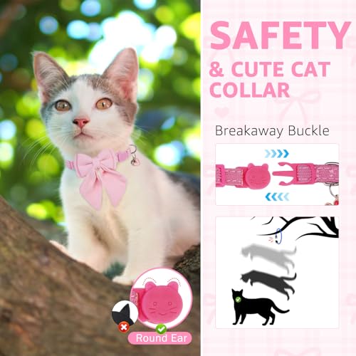 SCENEREAL Cat Collar with Bell & Stylish Bowtie, Pink Breakaway Cat Collars Accessories for Boy Girl Small Cats, Holiday Kitten Costumes for Female Male Pets - color: Stylish Bow (Pink)
