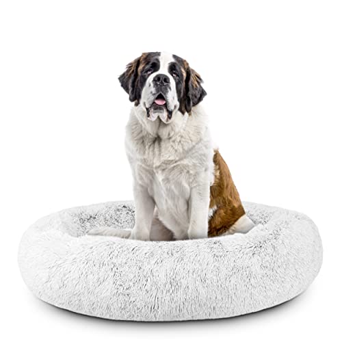 The Dog’s Bed Calming Donut Dog Bed, Plush Faux Fur Round Cuddler Nest – CertiPUR-Certified Foam, Removable Washable Zip Cover – XXL (54"), Ice White - color: Ice White Fur, size: Xxl (54")