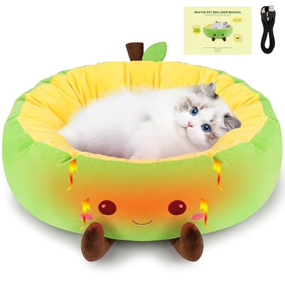 Avocado Heated Cat Bed - Cute Round Dog Bed for Winter, Warming Pet Bed for Indoor Cats & Small Dogs, Washable Calming Nest with Heating Pad & Timer, Green Pet Heating Pad for Cats and Dogs