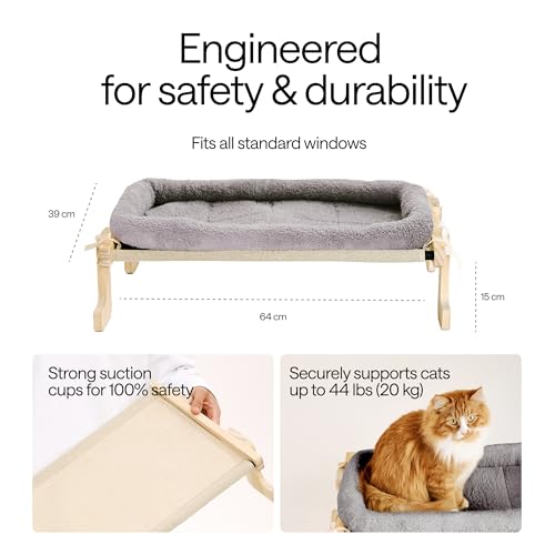Foldable Cat Window Perch for Cats Inside – Pet Hammock Sill Extender – Cat Hammock for Windowsill, Shelf, Wall – 4 Heavy Duty Suction Cups, Sturdy Frame, Screws – 1 Plush & 1 Textile Window Cats Bed