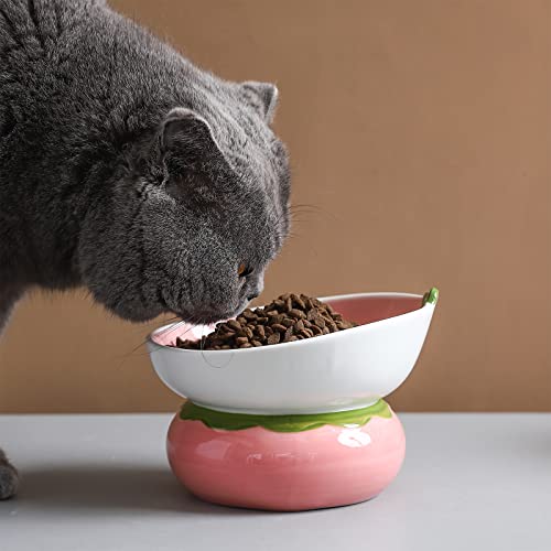 Ceramic Raised Cat Bowl - Pink Elevated Food Bowl for Indoor Cats, Anti-Vomiting & Spine Protection, Cute Tilted Dish for Flat-Faced Cats and Kittens (Strawberry Shaped) - color: Pink