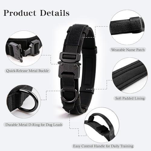 Tactical Dog Collar and Leash Set Adjustable Military Nylon Dog Collar with Control Handle and Heavy Duty Metal Buckle for Large Dogs （Black S - color: Black SET(collar+leash), size: Small (Pack of 1)