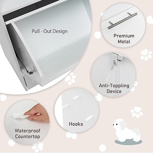 Dog Feeding Station Dogs Food Storage Cabinet Pet Feeder Container with 2 Thick 50oz Stainless Steel Raised Dog Food and Water Bowls, Pet Supply Organizer with Pet Toy Hangers, White - color: White