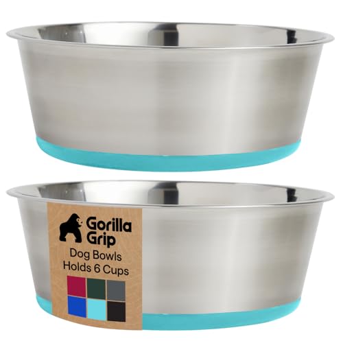 GORILLA GRIP Dog Bowls, Food Grade 304 Stainless Steel Holds 6 Cups Each (48 fl oz) Food and Water Bowl for Feeding Dogs and Cats Dishwasher Safe Rust Resistant BPA Free Rubber Base Set of 2 Turquoise - color: Turquoise, size: 6 Cup (48 Oz)