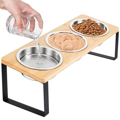 Elevated Cat Bowl, Raised Cat Food Bowls with 10° Tilted Stands, 3 Stainless Steel Bowls for Wet, Dry & Water, Hold by Bamboo Board, Anti Vomiting Cat Feeding Bowls with 4 Non-Slip Pads