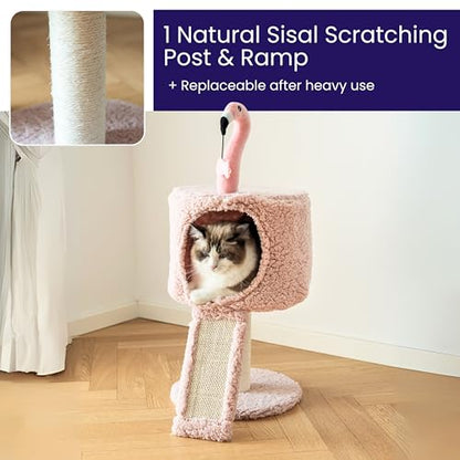 Catry Flamingo 2-Level 29" Cat Tree for Small Cats & Kittens with Replaceable Posts, Sisal Scratching Ramp, Pink Flamingo Designed Cute Condo with Toy, Pink - color: Pink
