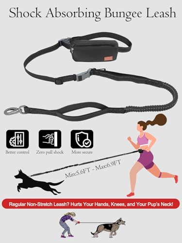 Hands Free Dog Leash with Zipper Pouch & Waist Belt – Reflective Durable Bungee Leash with Dual Padded Handles for Walking, Jogging & Running, Fits Small to Large Dogs (Black) - color: Black