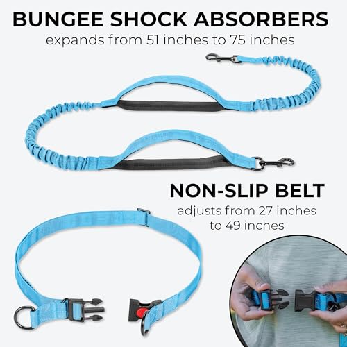 Squirrel Products Hands Free Dog Leash with Hip Belt/Crossbody Strap, Zipper Pouch, and Shock Absorbing Bungee for Walking or Jogging with pet (Blue, Black) - color: Blue and Black