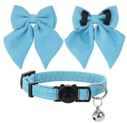 Cat Collar with Bow Tie Bell Breakaway Kitten Small Pet Safety Solid Wedding Basic Pure Color Suede Soft Adjustable Sailor Bow-[1pc] Blue - color: Sailor Bow-[1pc] Blue
