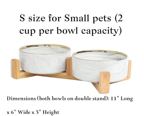 Ceramic Pet Bowl (Marble Design) Set of 2 with Stand, 2cups and 4 Cups Capacity (Marble Grey w/Gold, Small, 2 Cups per Bowl) - color: 1. S-Marble Grey Gold, Small, 2 cups per bowl