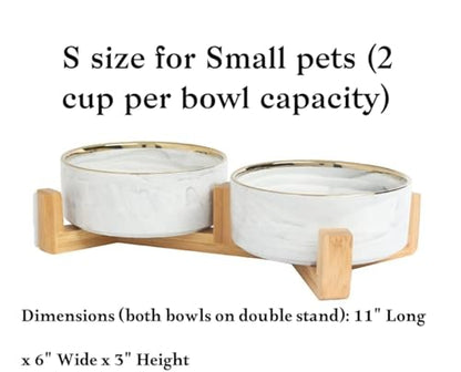 Ceramic Pet Bowl (Marble Design) Set of 2 with Stand, 2cups and 4 Cups Capacity (Marble Grey w/Gold, Small, 2 Cups per Bowl) - color: 1. S-Marble Grey Gold, Small, 2 cups per bowl