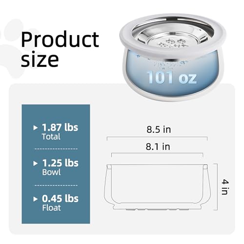 3L/0.8 Gallon No Spill Water Bowl for Dogs, Double-Wall Stainless Steel Slow Water Dog Bowls, Splash-Proof Vacuum Float, Dishwasher Safe for Large Medium Dogs (3L/101 floz)