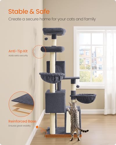 Feandrea Cat Tree, 68.5-Inch Tall Cat Tower, Multi-Level Plush Condo with Large Perch, Scratching Posts, Double Caves, Dark Gray UPCT006G02 - color: Dark Gray