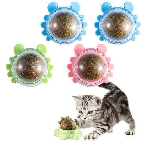 4 Pack Catnip Balls Wall Mounted - Organic Edible Catnip Toy for Cats, 360° Rotatable Interactive Chew Indoor Cat Toy