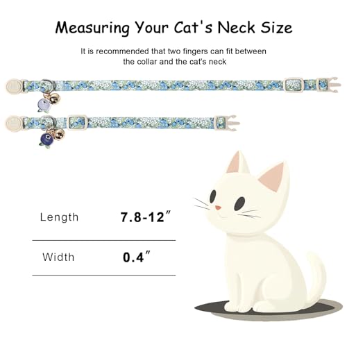 2 Pack Spring Summer Cat Collars - Cute Breakaway Cat Collar with Bell, Bluberry and Strawberry Pendant, Adjustable Kitten Collars for Girl Cats, Pastel Floral Fruit - color: Bluberry and Strawberry