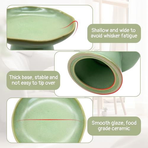VCEPJH Raised Cat Food Bowls Shallow Cat Plate Ceramic Elevated Cats Dish 6.1in Flat Anti Whisker Fatigue Wide Pet Food & Water Feeder for Indoor Kitty Kitten (Green) - color: green