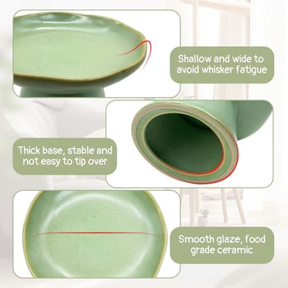 VCEPJH Raised Cat Food Bowls Shallow Cat Plate Ceramic Elevated Cats Dish 6.1in Flat Anti Whisker Fatigue Wide Pet Food & Water Feeder for Indoor Kitty Kitten (Green) - color: green