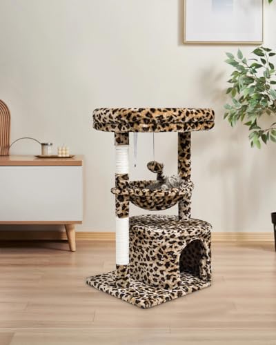 SYANDLVY Small Leopard Print Cat Tree for Indoor Cats, Cat Tower with Scratching Post, Modern Cat House with Padded Perch, Kittens Condo with Cradle, Cat Cave - color: Leopard Print